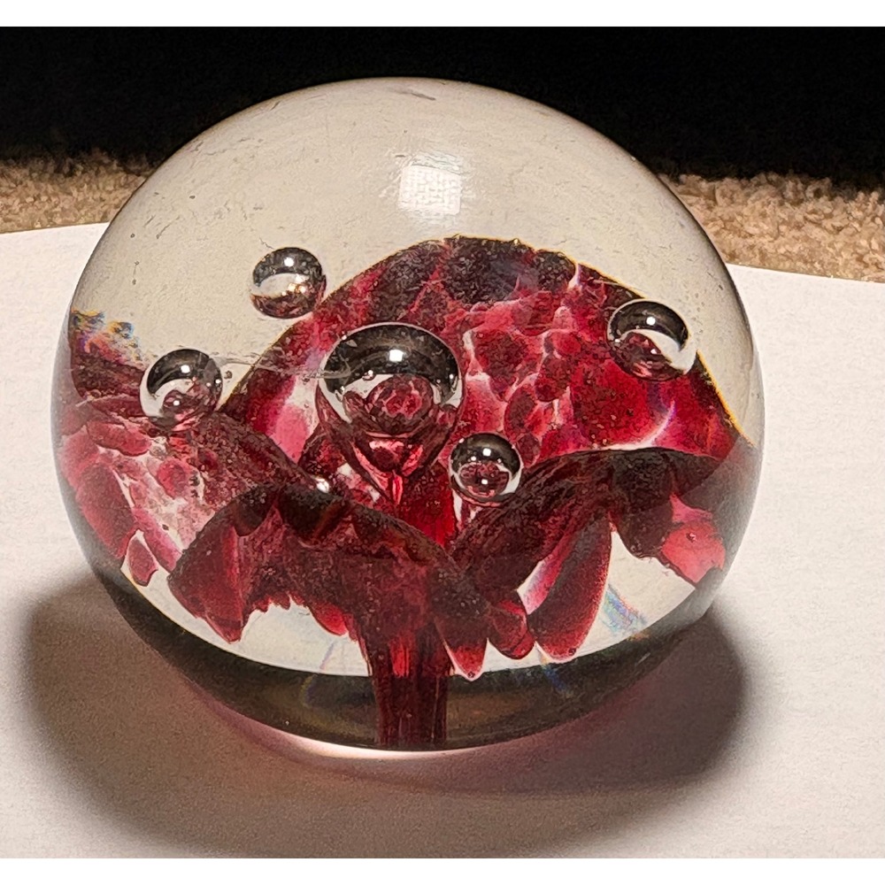 Vintage Cranberry Red Art Glass Paperweight Controlled Bubble Murano Style Orb - Picture 4 of 6